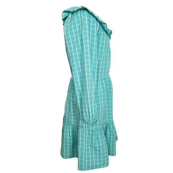 J Crew Factory Seersucker Ruffleneck Mini Dress Womens Size 6 Aqua Plaid Cotton - Picture 11 of 15